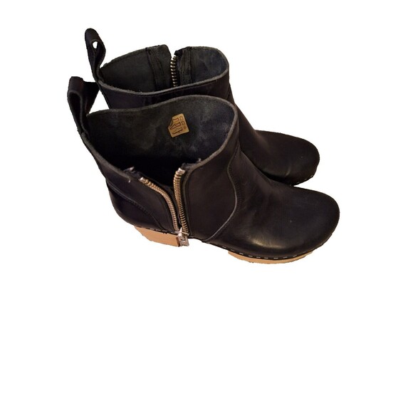 Womens‎ Swedish Hasbeens Zip It Emy Clog Bootie Wood Heel, Black leathe Sz 7.5 - Picture 3 of 9